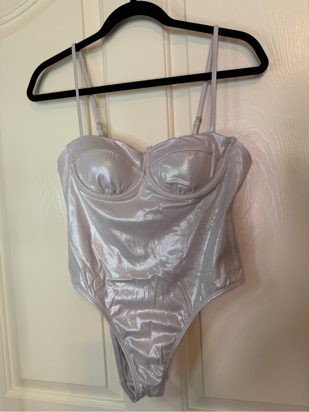 No Boundaries Iridescent Light Purple Satin-Look Bandeau Bodysuit